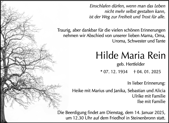 Traueranzeige von Hilde Maria Rein von Kreiszeitung Böblinger Bote