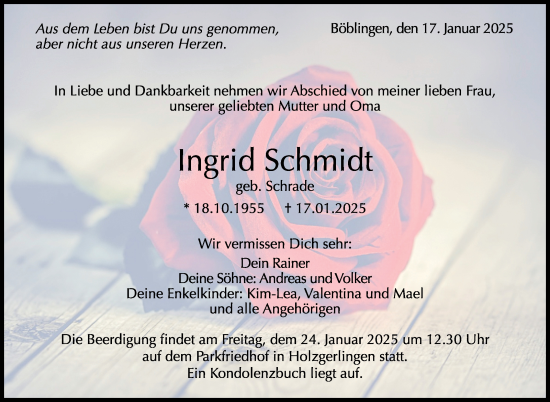 Traueranzeige von Ingrid Schmidt von Kreiszeitung Böblinger Bote