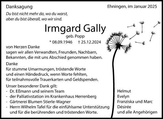 Traueranzeige von Irmgard Gally von Kreiszeitung Böblinger Bote