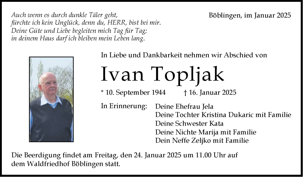  Traueranzeige für Ivan Topljak vom 22.01.2025 aus Kreiszeitung Böblinger Bote