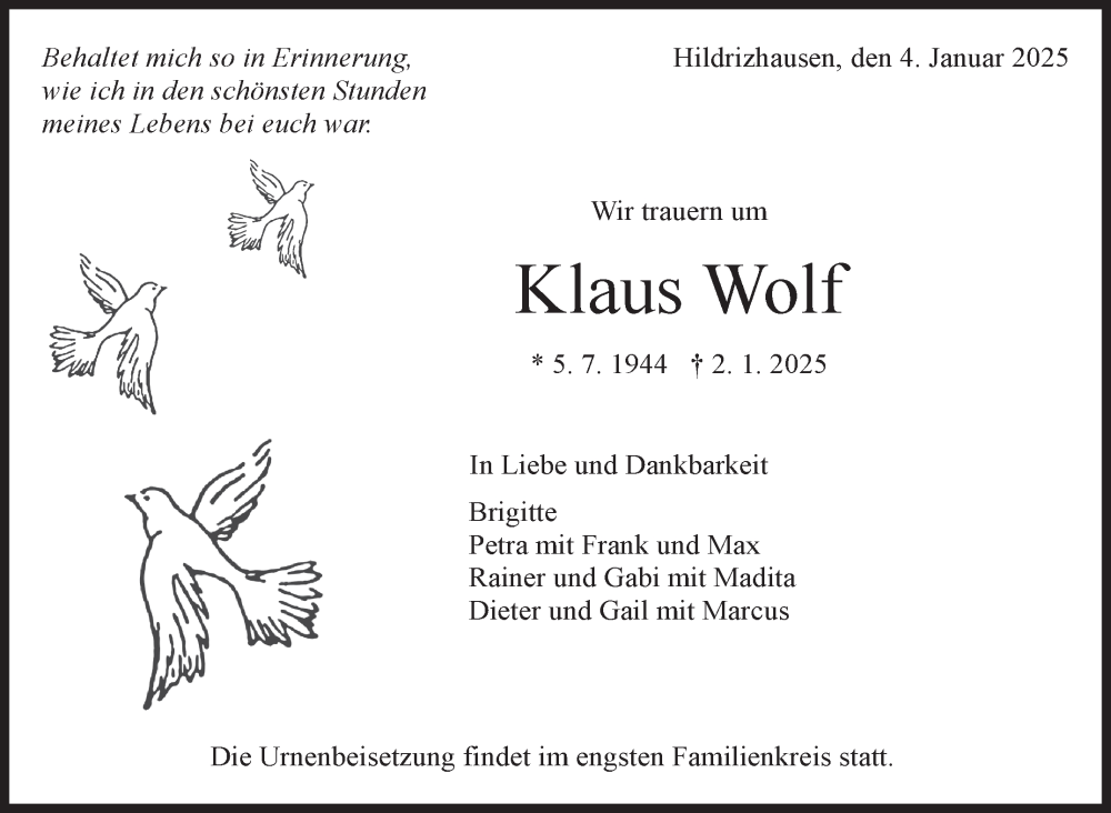  Traueranzeige für Klaus Wolf vom 04.01.2025 aus Kreiszeitung Böblinger Bote