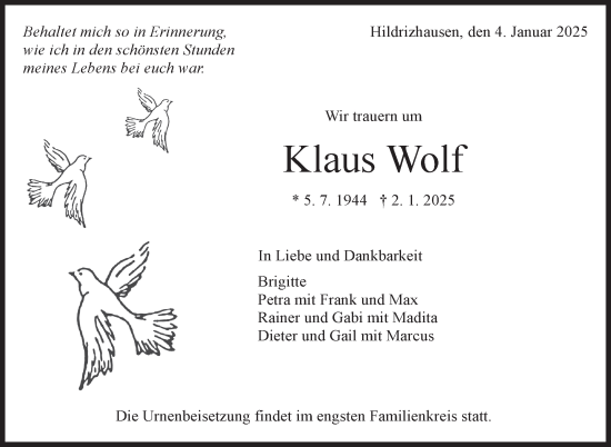 Traueranzeige von Klaus Wolf von Kreiszeitung Böblinger Bote