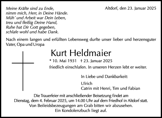 Traueranzeige von Kurt Heldmaier von Kreiszeitung Böblinger Bote