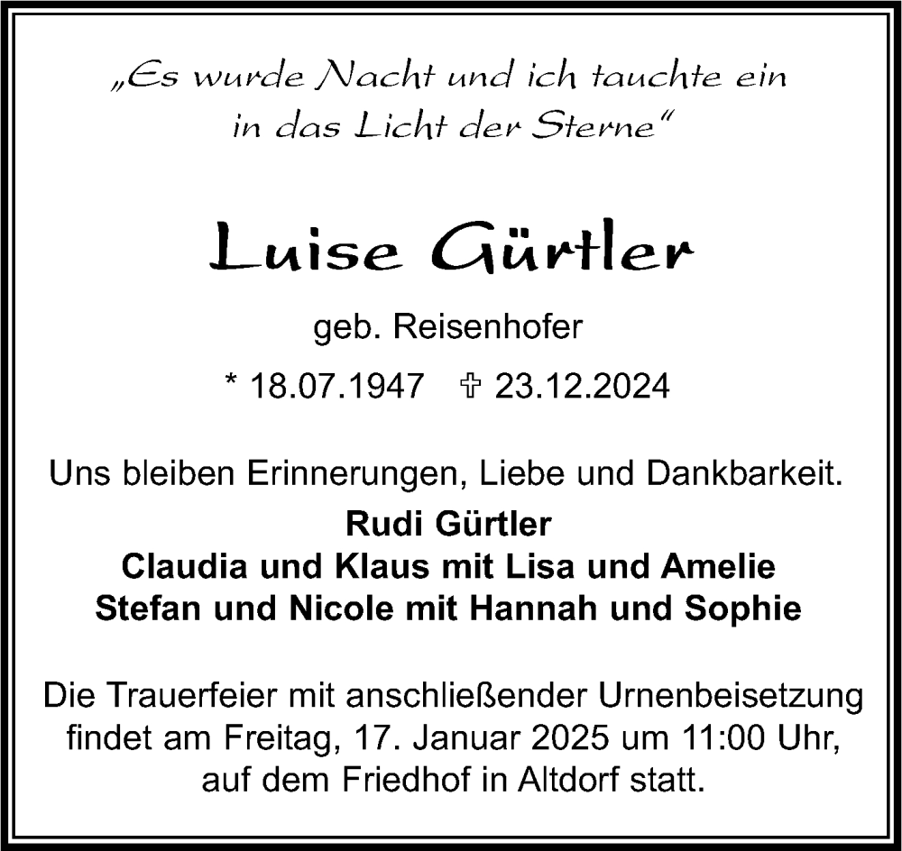  Traueranzeige für Luise Gürtler vom 10.01.2025 aus Kreiszeitung Böblinger Bote