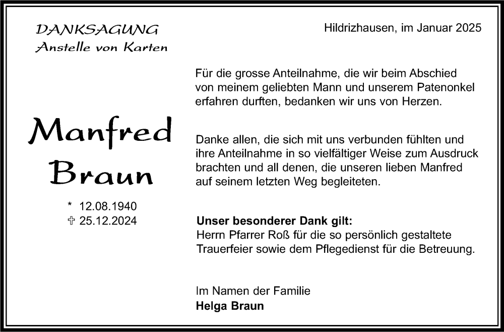  Traueranzeige für Manfred Braun vom 29.01.2025 aus Kreiszeitung Böblinger Bote