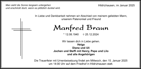 Traueranzeige von Manfred Braun von Kreiszeitung Böblinger Bote