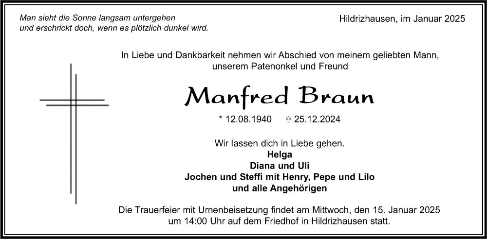  Traueranzeige für Manfred Braun vom 31.12.2024 aus Kreiszeitung Böblinger Bote
