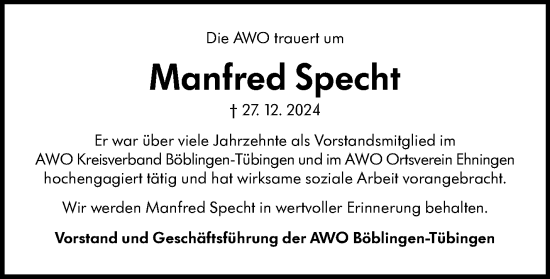 Traueranzeige von Manfred Specht von Kreiszeitung Böblinger Bote