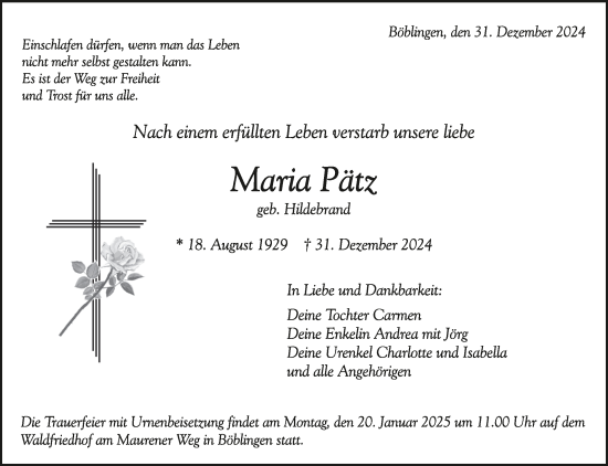 Traueranzeige von Maria Pätz von Kreiszeitung Böblinger Bote