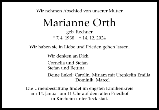 Traueranzeige von Marianne Orth von Kreiszeitung Böblinger Bote