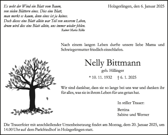 Traueranzeige von Nelly Bittmann von Kreiszeitung Böblinger Bote