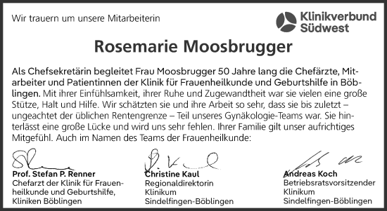 Traueranzeige von Rosemarie Moosbrugger von Kreiszeitung Böblinger Bote