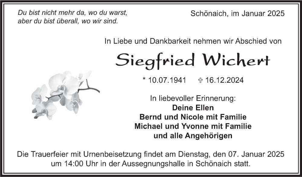  Traueranzeige für Siegfried Wichert vom 02.01.2025 aus Kreiszeitung Böblinger Bote