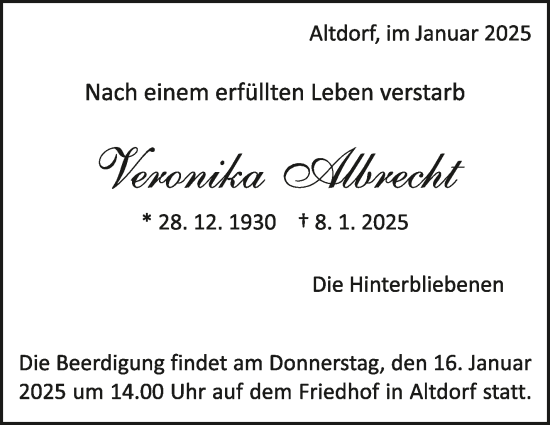 Traueranzeige von Veronika Albrecht von Kreiszeitung Böblinger Bote