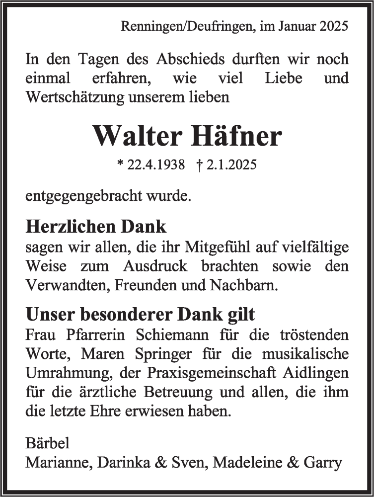  Traueranzeige für Walter Häfner vom 24.01.2025 aus Kreiszeitung Böblinger Bote