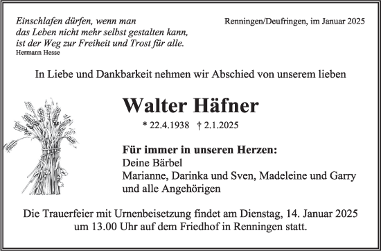 Traueranzeige von Walter Häfner von Kreiszeitung Böblinger Bote