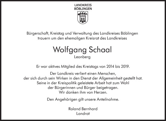 Traueranzeige von Wolfgang Schaal von Kreiszeitung Böblinger Bote