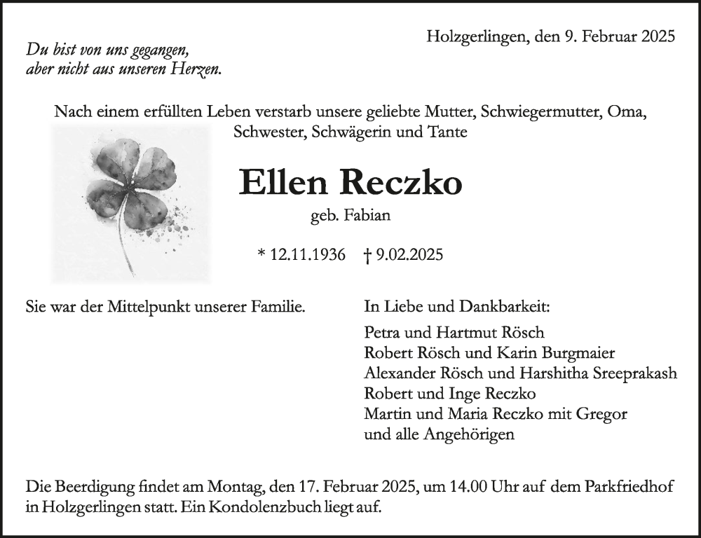  Traueranzeige für Ellen Reczko vom 13.02.2025 aus Kreiszeitung Böblinger Bote