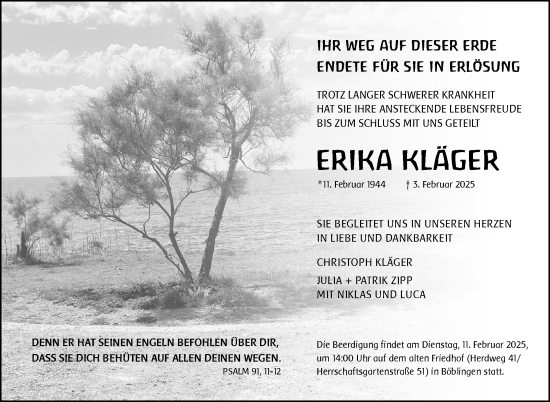 Traueranzeige von Erika Kläger von Kreiszeitung Böblinger Bote