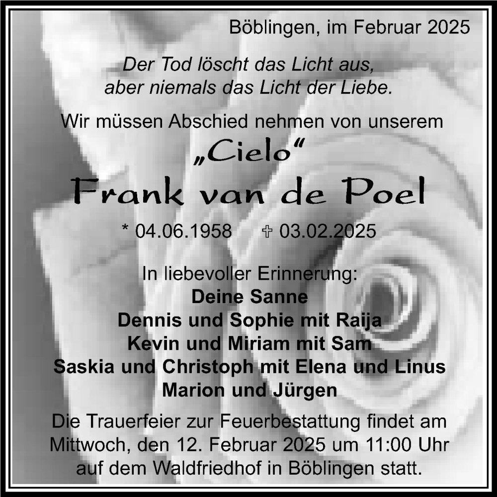  Traueranzeige für Frank van de Poel vom 08.02.2025 aus Kreiszeitung Böblinger Bote