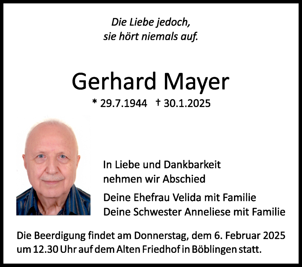  Traueranzeige für Gerhard Mayer vom 04.02.2025 aus Kreiszeitung Böblinger Bote