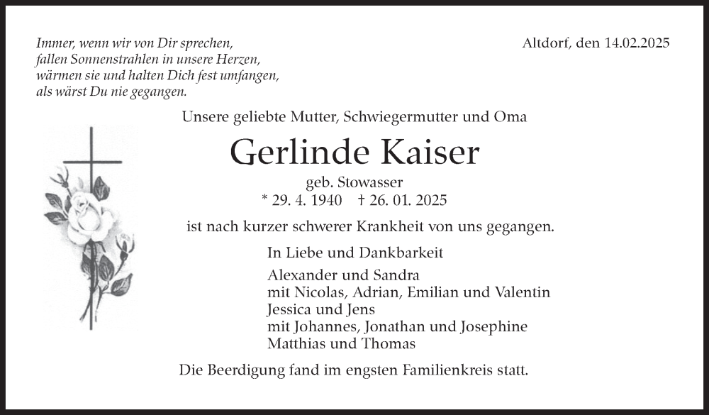  Traueranzeige für Gerlinde Kaiser vom 17.02.2025 aus Kreiszeitung Böblinger Bote