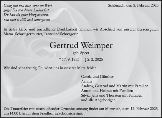 Traueranzeige von Gertrud Weimper von Kreiszeitung Böblinger Bote