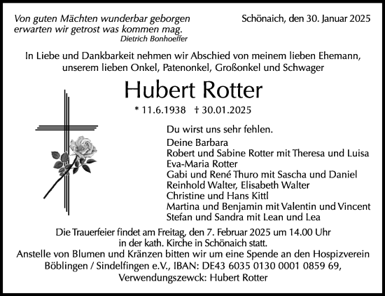 Traueranzeige von Hubert Rotter von Kreiszeitung Böblinger Bote
