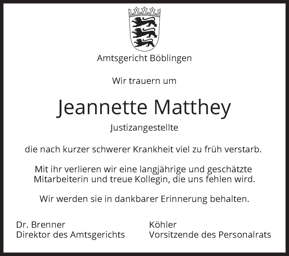  Traueranzeige für Jeannette Matthey vom 15.02.2025 aus Kreiszeitung Böblinger Bote
