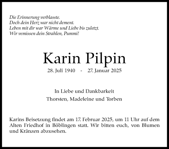 Traueranzeige von Karin Pilpin von Kreiszeitung Böblinger Bote