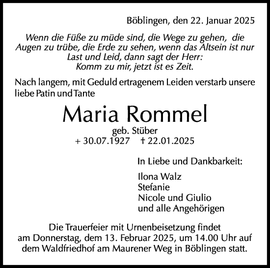 Traueranzeige von Maria Rommel von Kreiszeitung Böblinger Bote