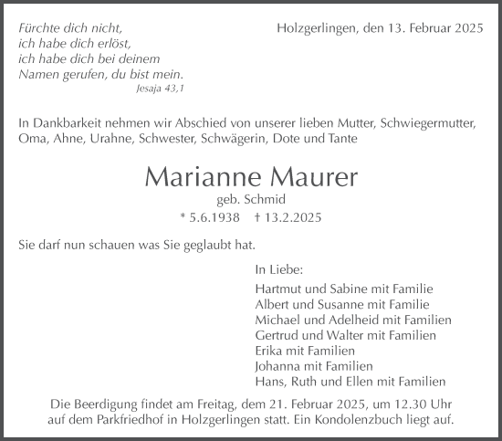 Traueranzeige von Marianne Maurer von Kreiszeitung Böblinger Bote