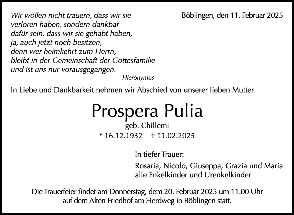  Traueranzeige für Prospera Pulia vom 18.02.2025 aus Kreiszeitung Böblinger Bote
