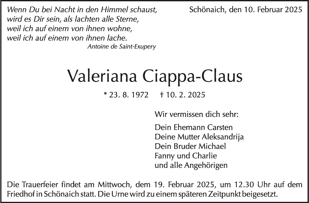  Traueranzeige für Valeriana Ciappa-Claus vom 15.02.2025 aus Kreiszeitung Böblinger Bote