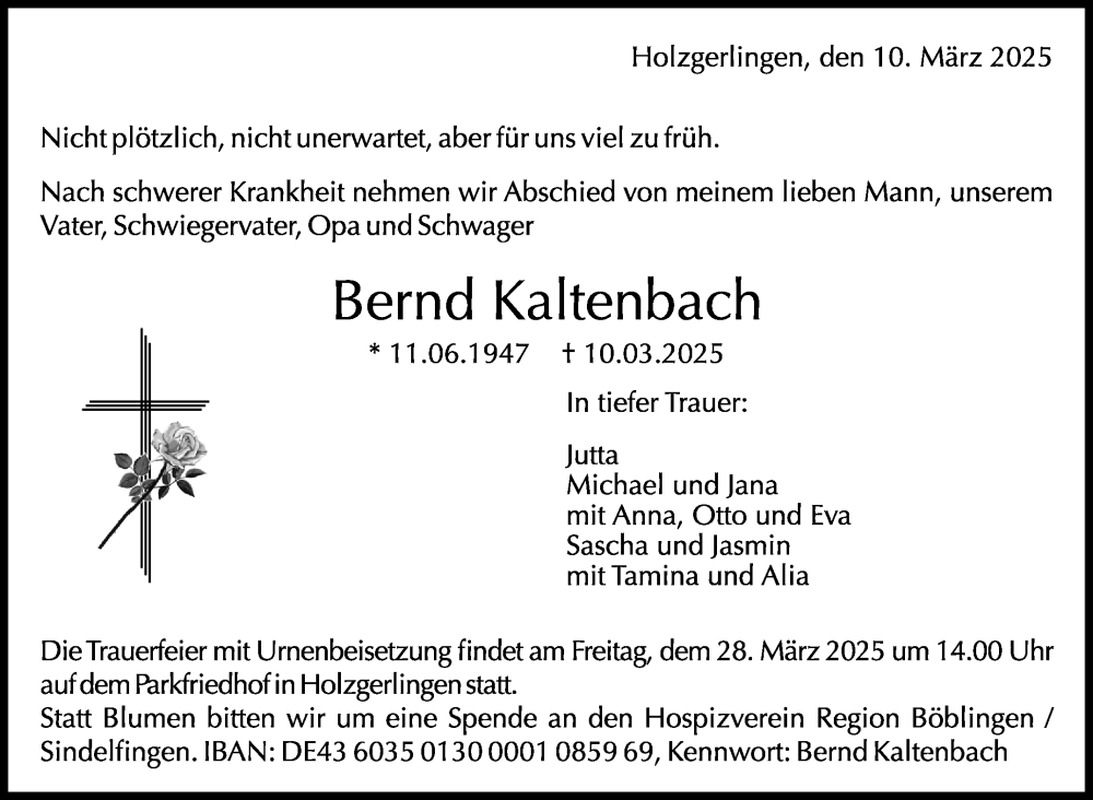  Traueranzeige für Bernd Kaltenbach vom 19.03.2025 aus Kreiszeitung Böblinger Bote