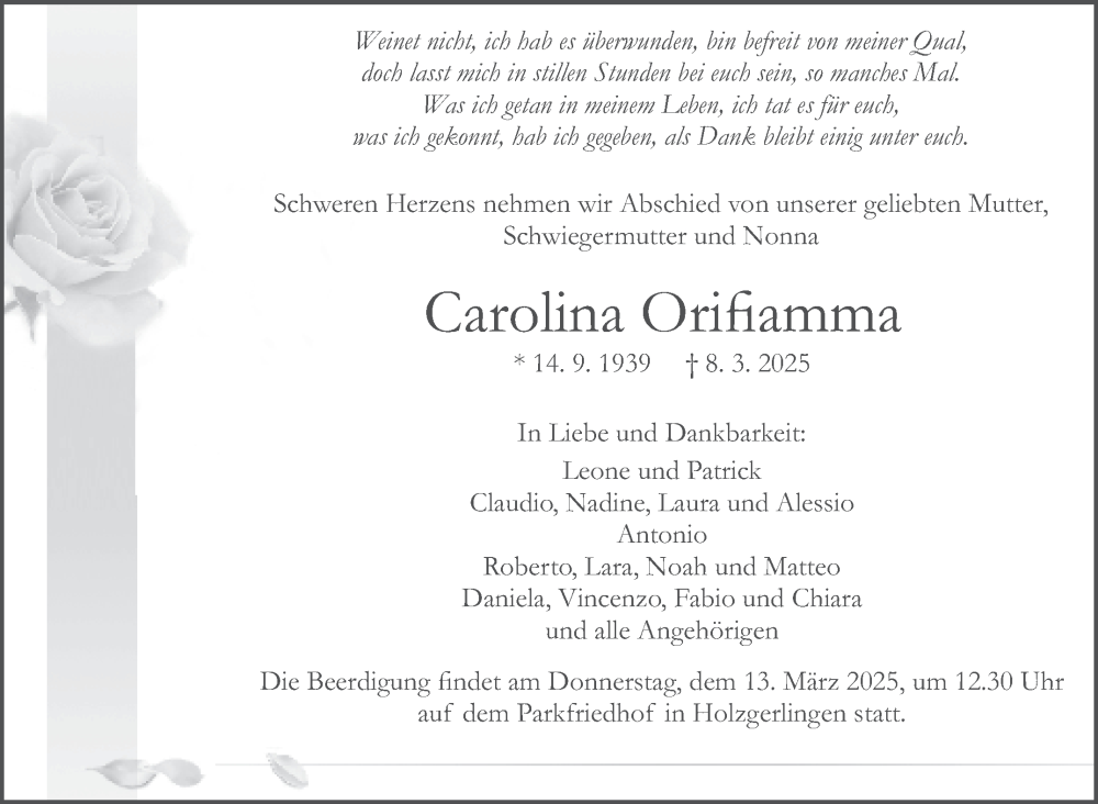  Traueranzeige für Carolina Orifiamma vom 12.03.2025 aus Kreiszeitung Böblinger Bote