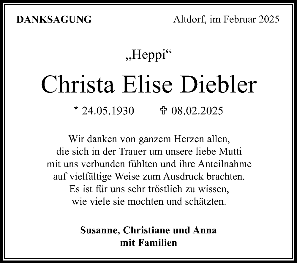  Traueranzeige für Christa Elise Diebler vom 28.02.2025 aus Kreiszeitung Böblinger Bote