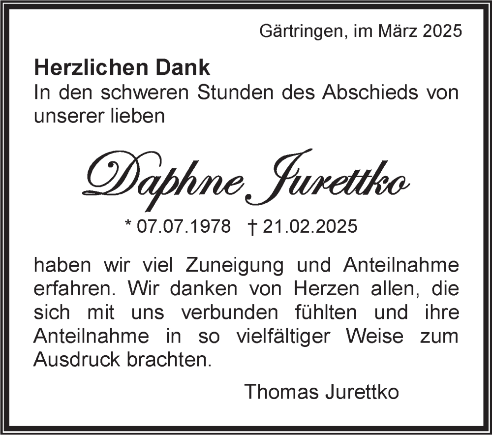  Traueranzeige für Daphne Jurettko vom 13.03.2025 aus Kreiszeitung Böblinger Bote