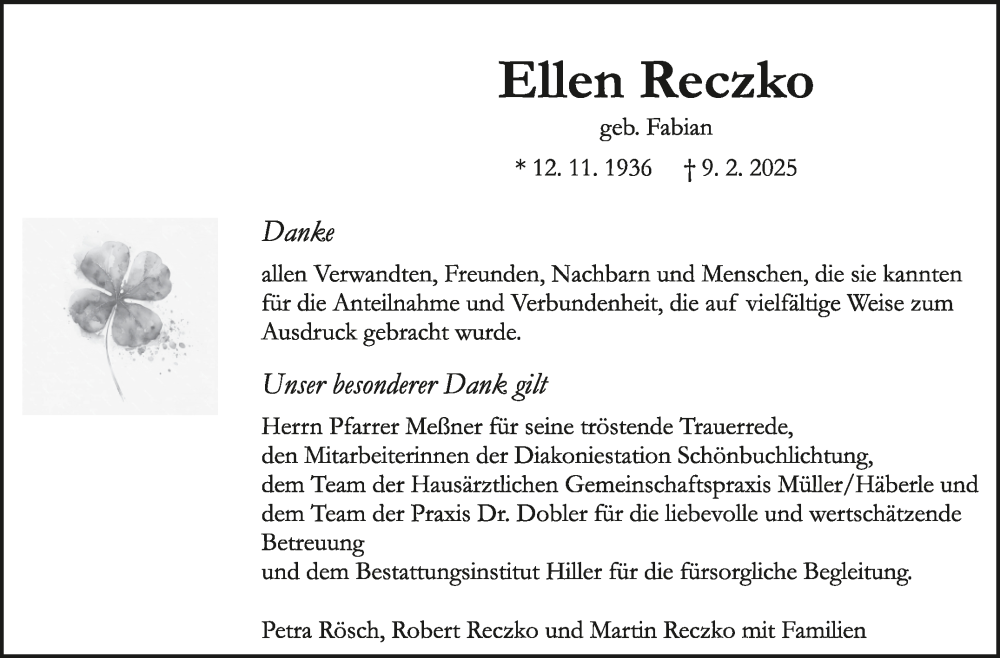  Traueranzeige für Ellen Reczko vom 14.03.2025 aus Kreiszeitung Böblinger Bote
