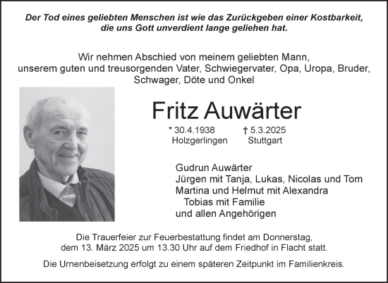 Traueranzeige von Fritz Auwärter von Kreiszeitung Böblinger Bote