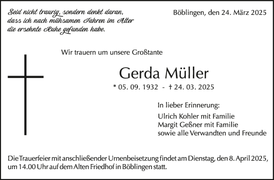 Traueranzeige von Gerda Müller von Kreiszeitung Böblinger Bote