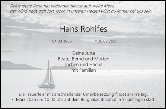 Traueranzeige von Hans Rohlfes von Kreiszeitung Böblinger Bote