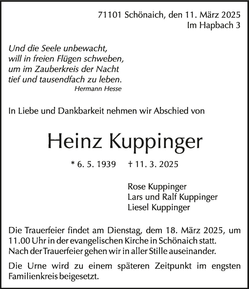  Traueranzeige für Heinz Kuppinger vom 17.03.2025 aus Kreiszeitung Böblinger Bote