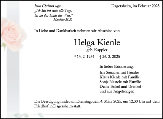 Traueranzeige von Helga Kienle von Kreiszeitung Böblinger Bote