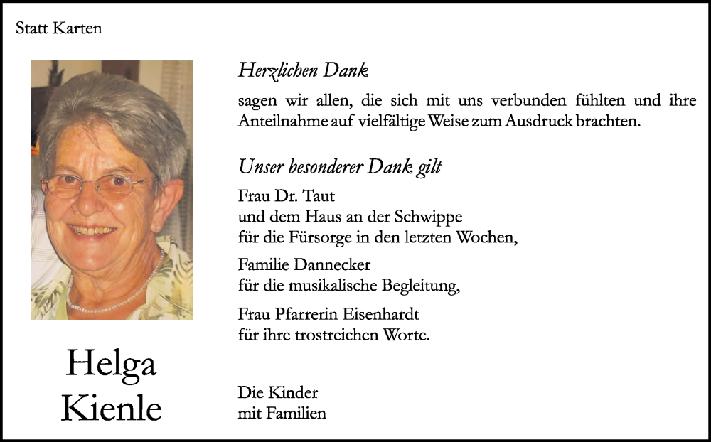  Traueranzeige für Helga Kienle vom 12.03.2025 aus Kreiszeitung Böblinger Bote