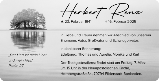 Traueranzeige von Herbert Renz von Kreiszeitung Böblinger Bote