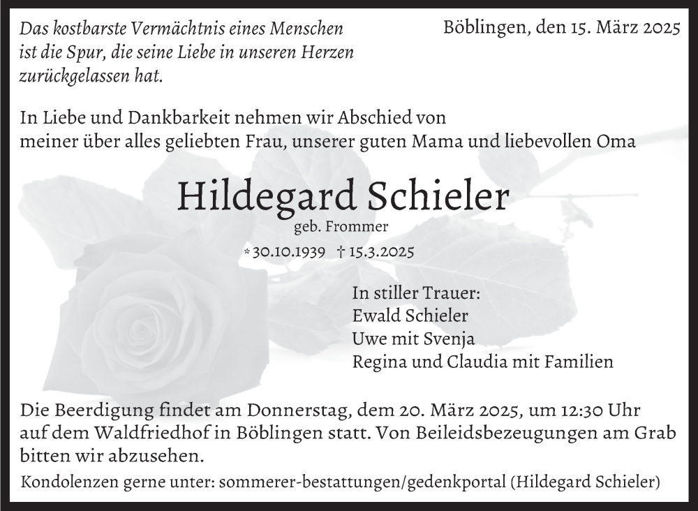  Traueranzeige für Hildegard Schieler vom 18.03.2025 aus Kreiszeitung Böblinger Bote