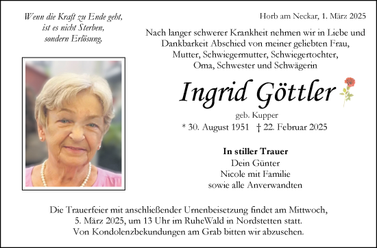 Traueranzeige von Ingrid Göttler von Kreiszeitung Böblinger Bote