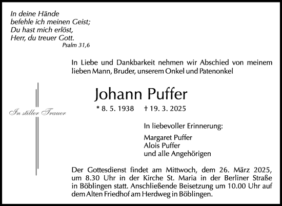 Traueranzeige von Johann Puffer von Kreiszeitung Böblinger Bote