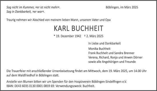 Traueranzeige von Karl Buchheit von Kreiszeitung Böblinger Bote